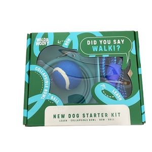 Wild & Woofy Dog Starter Kit Leash Collar Collaspibe Bowl Bow Ball Blue Pet New